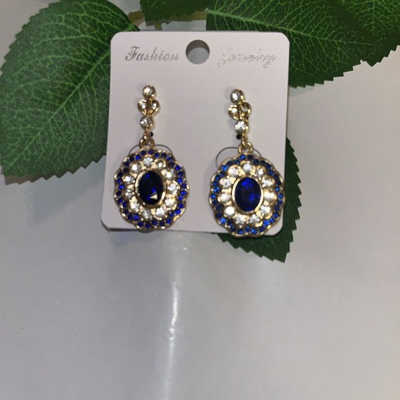 Faux Sapphire/Gold Rhinestones Beautiful Pierced Earrings Fashion Jewelry NWT - Picture 2 of 5